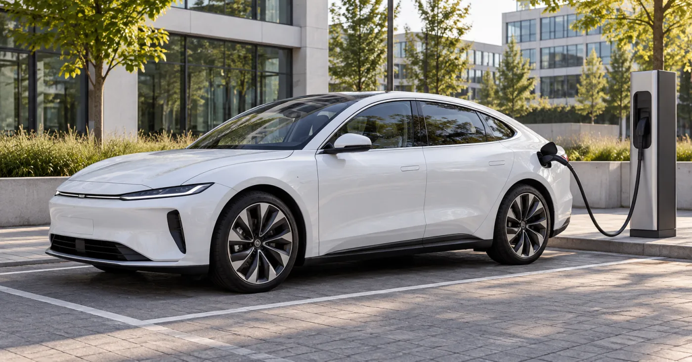 Elektro-Limousine an der Wallbox vor einem Einfamilienhaus