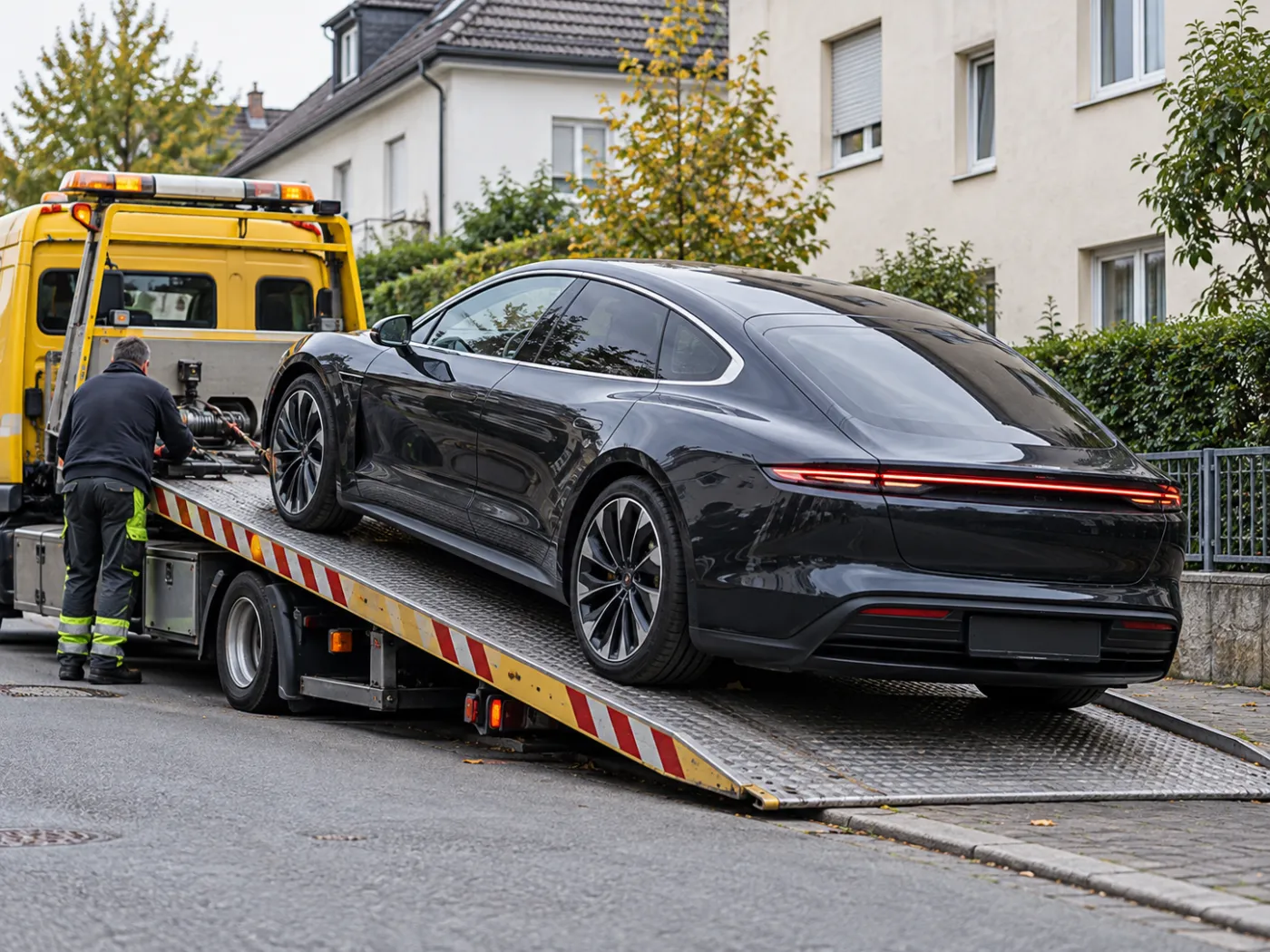 Große Elektro-Limousine wird auf einen Autotransporter verladen