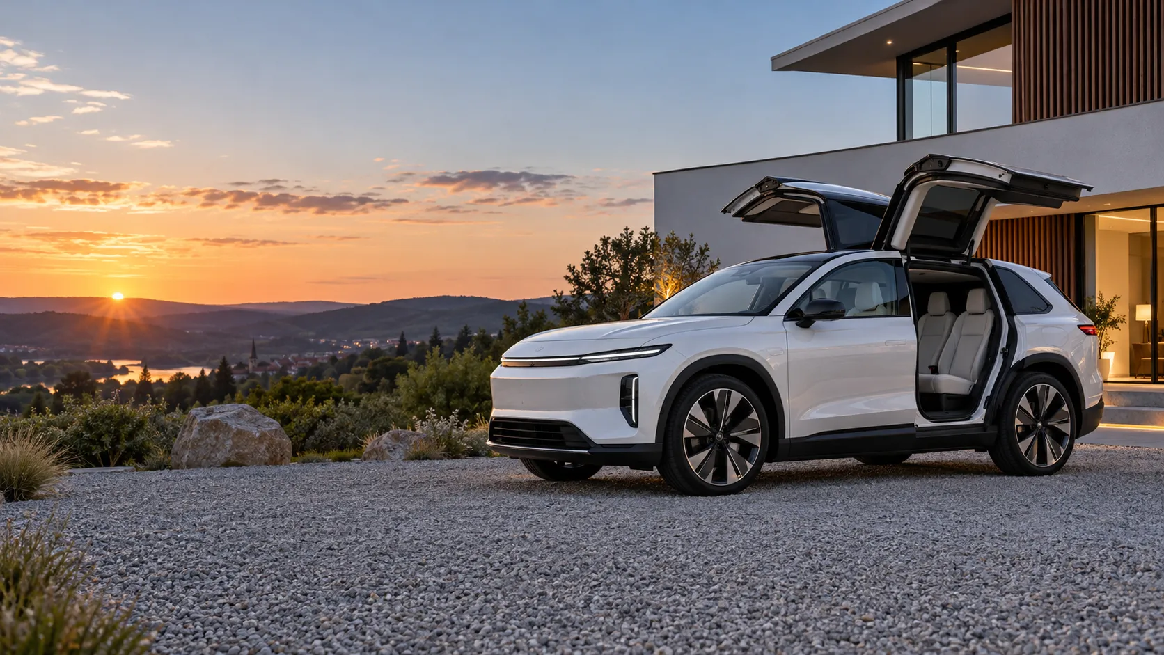 Großes Elektro-SUV mit nach oben geöffneten Flügeltüren