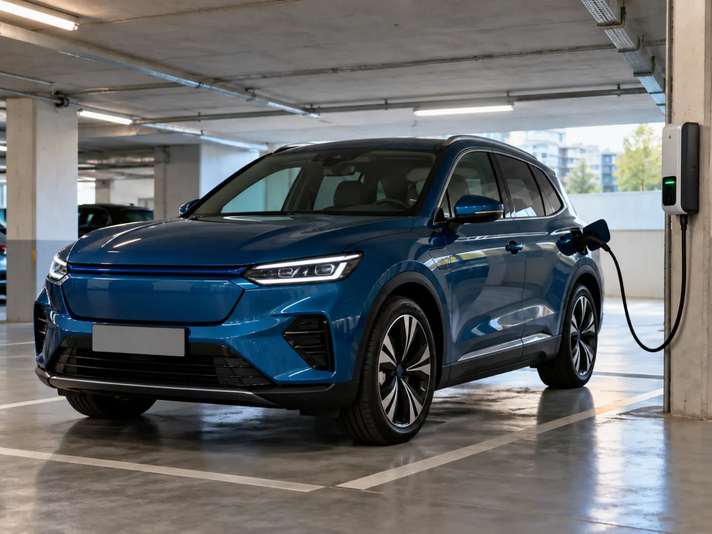 Elektro-SUV in einer Tiefgarage mit Ladepunkt