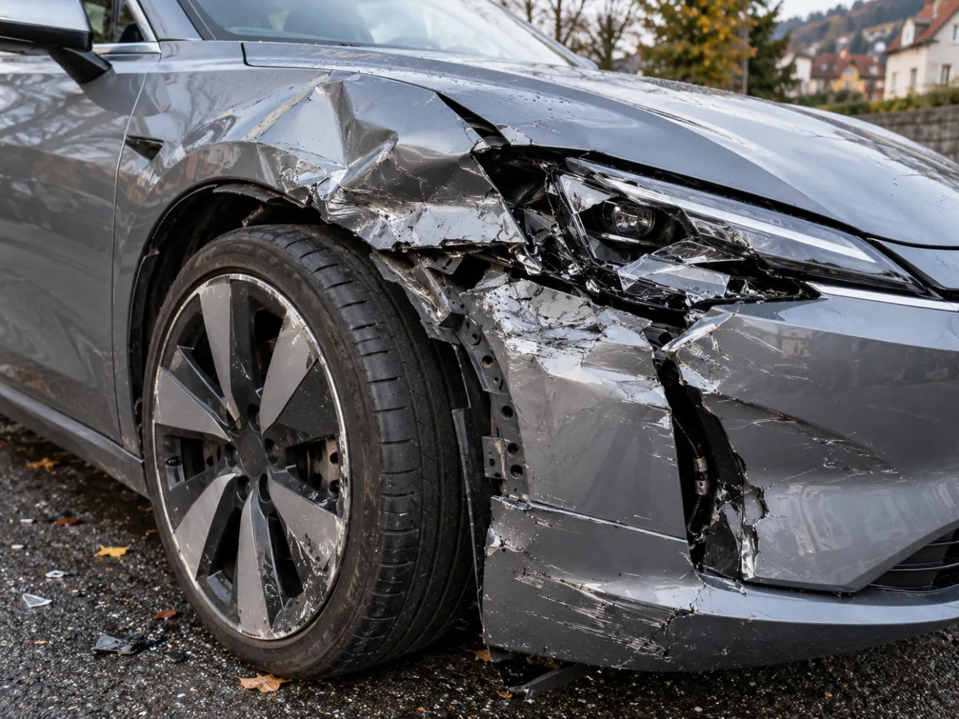 Nahaufnahme eines Unfallschadens an einem Elektroauto