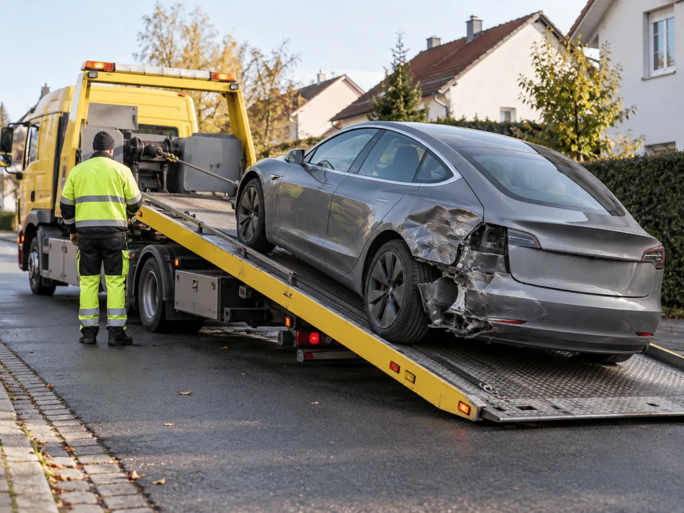 Beschädigtes Elektroauto wird auf ein Plateaufahrzeug verladen