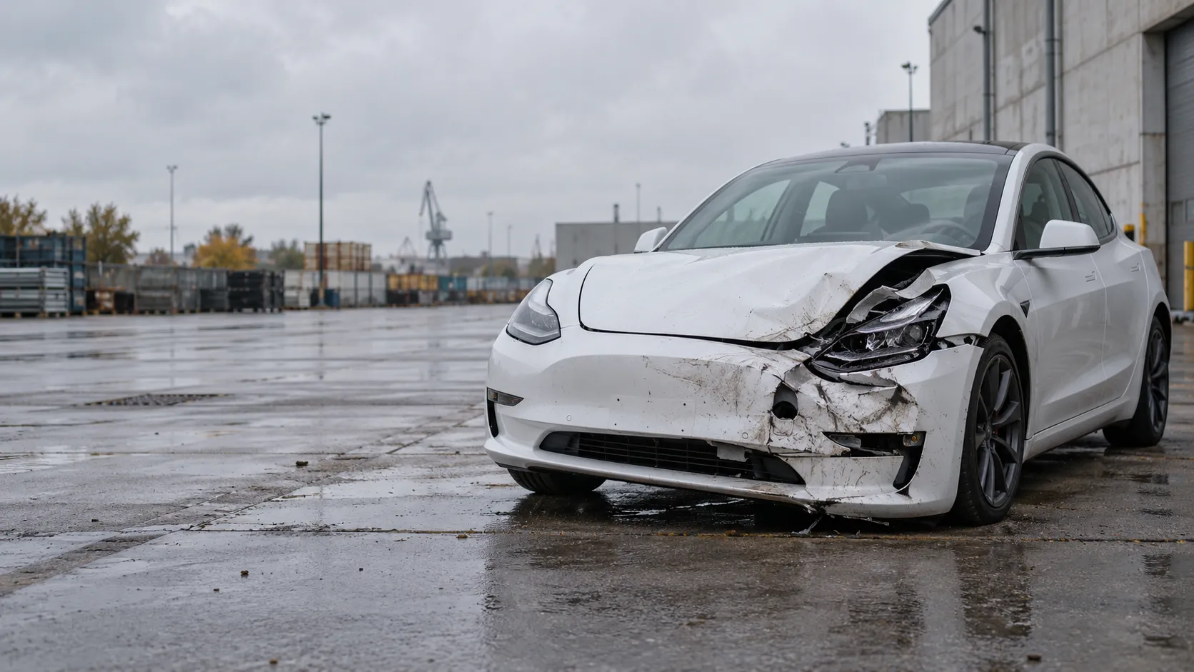 Weißes Elektroauto mit Frontschaden auf einem Parkplatz