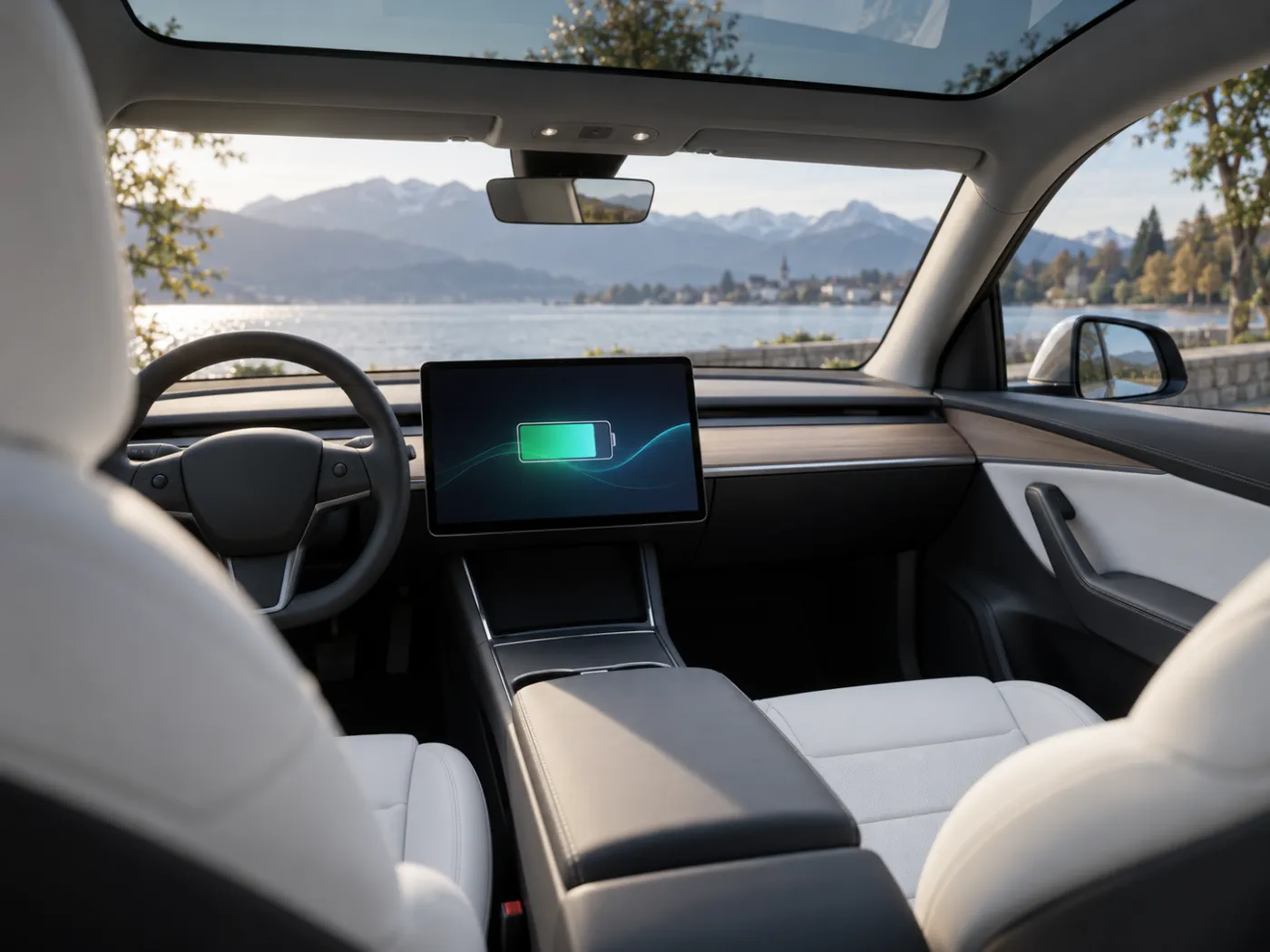 Minimalistischer Innenraum eines Elektroautos mit großem Bildschirm