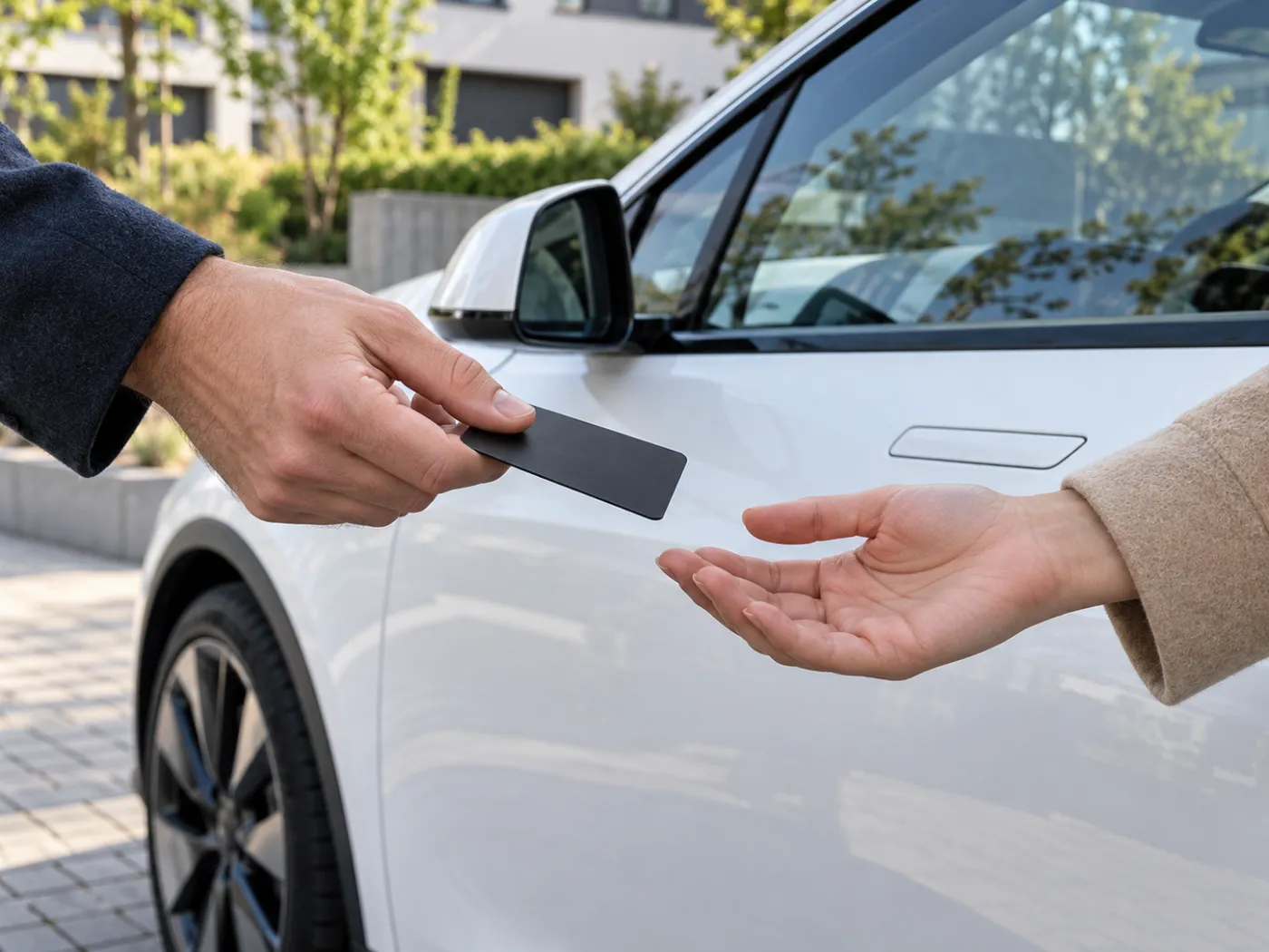 Übergabe einer Schlüsselkarte beim Verkauf eines Elektroautos